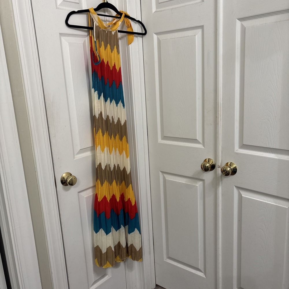 EROW Pleated Maxi Dress Chevron Sleeveless High Neck Shoulder Tie Multicolor M